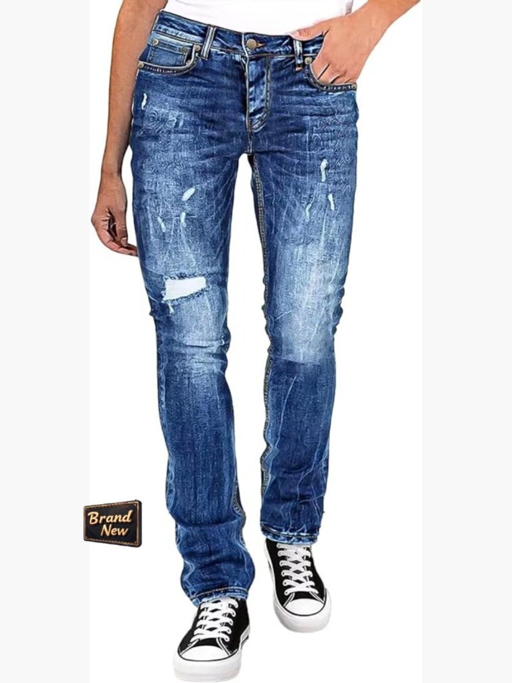 Mid Rise Straight Leg Jeans Ripped Stretchy Curvy Fit Casual Denim
